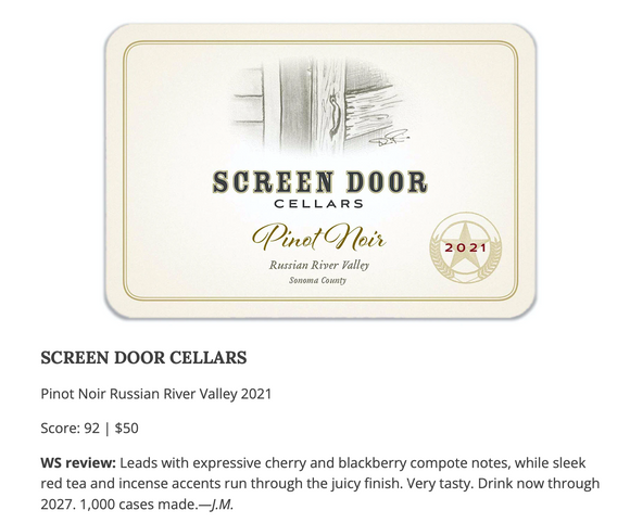 Screen Door Pinot Noir Lands 92 points with Wine Spectator Magazine